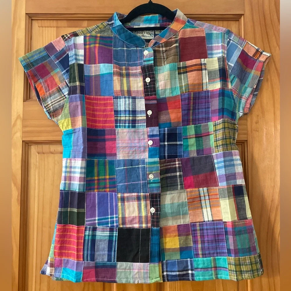 Vintage 80s Rosettes Madras Patchwork Blouse Tie Back Cotton Cottagecore Top S - Picture 1 of 12